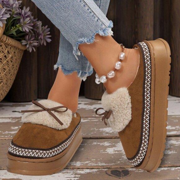 Camel Casual Women's Thick Flat Suede Shearling Slippers - Picture 7 of 8